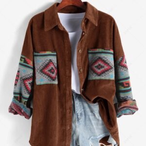 sale Women's Ethnic Aztec Printed Corduroy Shacket Long Sleeve Retro Spliced Jacket - COFFEE M