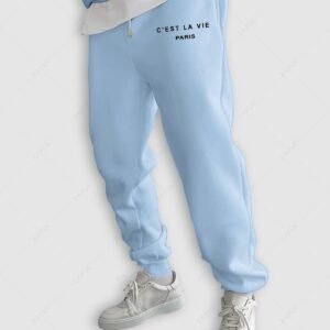 women's C'EST LA VIE PARIS Letter Printed Drawstring Fleece-lined Sports Jogger Pants - LIGHT BLUE S