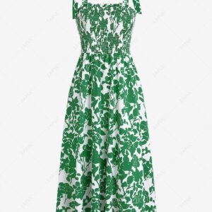 unique ZAFUL Tie Shoulder Floral Print Smocked High Waist Vacation Midi Sundress - GREEN L