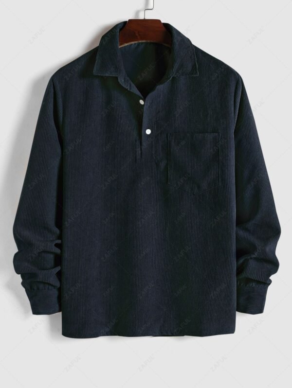 hot ZAFUL Solid Color Half Button Pocket Corduroy Long Sleeves Collared Shirt - DEEP BLUE L