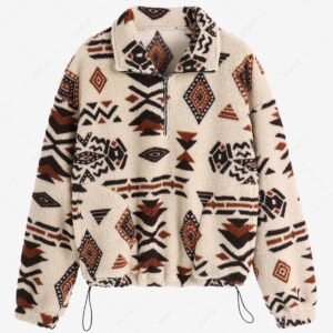 fancy ZAFUL Women's Drop Shoulder Ethnic Aztec Tribal Geo Print Quarter Zip Toggle Drawstring Fluffy Teddy Sweatshirt - LIGHT COFFEE S