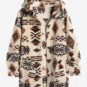 shop ZAFUL Women's Hooded Ethnic Style Pockets Long Tribal Geo Aztec Printed Fluffy Teddy Coat - LIGHT COFFEE L