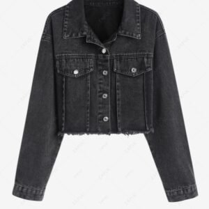 chic Women's Streetwear Solid Color Frayed Hem Mock Button Button Up Turn Down Collar Long Sleeves Crop Denim Jacket - BLACK M