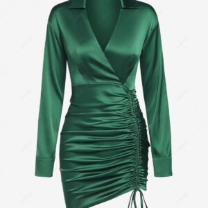 womens ZAFUL Women's Sexy Dating Night Daliy Solid Color Silky Satin Cinched Ruched Design V Neck Collared Surplice Long Sleeve Slinky Mini Dress - DEEP GREEN S