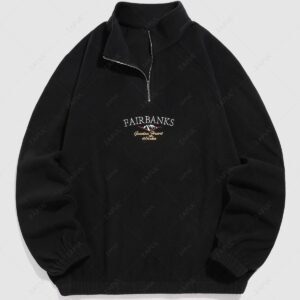 ladies ZAFUL Raglan Sleeves FAIRBANKS Mountain Landscape Embroidery Quarter Zip Polar Fleece Sweatshirt - BLACK M