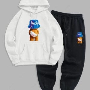 lady Men's Cartoon Bear SPACE Graphic Pattern Thermal Fleece-lined Kangaroo Pocket Pullover Hoodie and Drawstring Jogger Pants Sports Set - WHITE 2XL