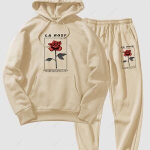 buy Men's Matching Athleisure Style Sweatsuit Co Ord Letter Floral Rose Graphic Printed Drawstring Thermal Fleece Lined Pullover Hoodie and Jogger Pants Two Piece Set - LIGHT COFFEE 2XL