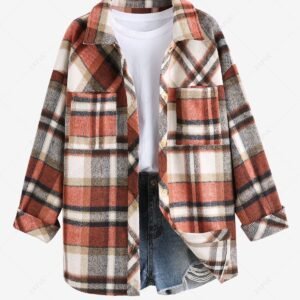 best ZAFUL Women's Plaid Wool Blend Pocket Drop Shoulder Button Up Turn Down Collar Shacket - LIGHT COFFEE S