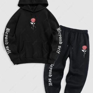 women Men's Matching Co Ord Sweatsuit Letter Floral Rose Graphic Printed Drawstring Front Pocket Thermal Fleece Lined Hoodie and Beam Feet Jogger Pants Two Piece Set - BLACK M