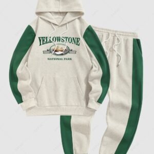 outfit Men's YELLOWSTONE NATIONAL PARK Letter Mountain Pattern Fleece-lined Kangaroo Pocket Pullover Hoodie and Colorblock Slant Pocket Drawstring Beam Feet Jogger Pants Set - LIGHT GRAY ONE SIZE