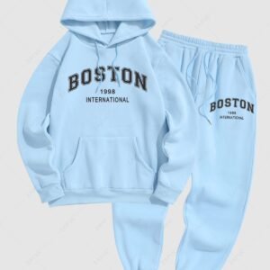 chic Men's Daily Casual Letter BOSTON Graphic Print Drawstring Front Kangaroo Pocket Thermal Fleece Lined Pullover Hoodie and Jogger Sweatpants Set - LIGHT BLUE ONE SIZE