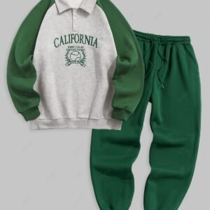 womens Men's Vintage Quarter Button Polo Collar CALIFORNIA Letter Baseball Graphic Embroidery Raglan Sleeves Colorblock Fleece Lined Sweatshirt and Solid Color Casual Sweatpants Set - GREEN ONE SIZE