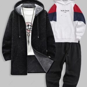 shop Men's Winter Outfits Fleece-lined Hooded Jacket and New York Embroidered Colorblock Fleece-lined Hoodie and Fleece-lined Sweatpants Set - MULTI-A ONE SIZE