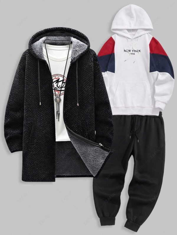 shop Men's Winter Outfits Fleece-lined Hooded Jacket and New York Embroidered Colorblock Fleece-lined Hoodie and Fleece-lined Sweatpants Set - MULTI-A ONE SIZE