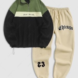 new Men's Toggle Drawstring Hem New York Letter Embroidery Colorblock Quarter Zip Polar Fleece Sweatshirt Chicago Fleece-lined Jogger Sweatpants Two Piece Set - LIGHT COFFEE ONE SIZE