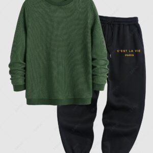 buy Men's Daily Casual Crew Neck Solid Color Long Sleeve Jumper Sweater and C'EST LA VIE PARIS Letter Printed Drawstring Fleece-lined Sports Jogger Pants Set - DEEP GREEN ONE SIZE