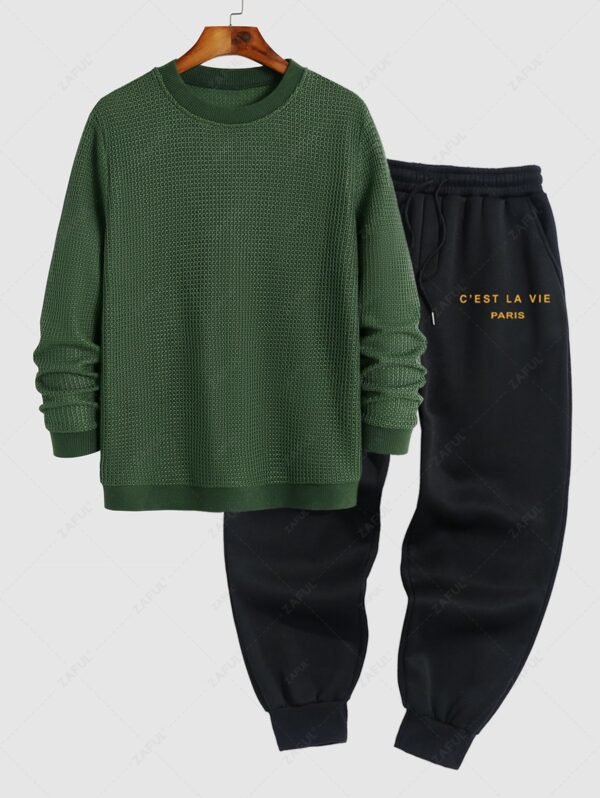 buy Men's Daily Casual Crew Neck Solid Color Long Sleeve Jumper Sweater and C'EST LA VIE PARIS Letter Printed Drawstring Fleece-lined Sports Jogger Pants Set - DEEP GREEN ONE SIZE