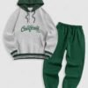 sale Men's Colorblock California WEST COAST LOS ANGELES Letter Embroidered Kangaroo Pocket Thermal Fleece-lined Pullover Hoodie and Casual Sweatpants Set - DEEP GREEN ONE SIZE