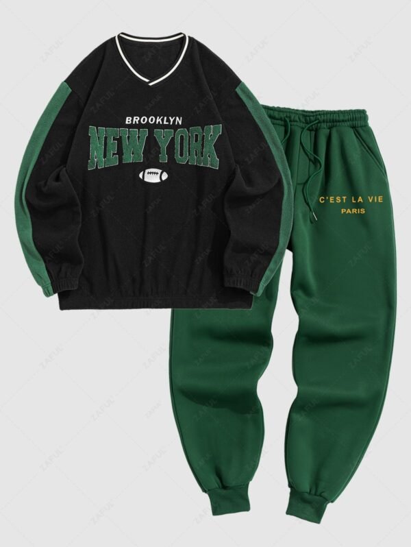 ladies Men's Fleece Lined Tracksuits Preppy BROOKLYN NEW YORK Letter Embroidered Baseball Sweatshirt C'EST LA VIE PARIS Jogger Sweatpants Two Piece Set - GREEN ONE SIZE