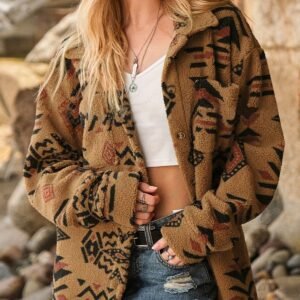 new Women's Ethnic Aztec Print Faux Fur Button Up Turn Down Collar Jacket - COFFEE L