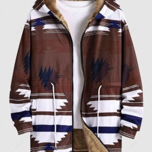 women's Men's Casual Geometric Pattern Zip Fly Drawstring Fluffy Flocking Hooded Long Coat - SEPIA S