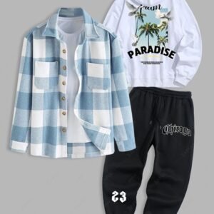 fashion Men's 3PCS PARADISE Letter Coconut Tree Graphic Pattern Pullover Hoodie and Plaid Pattern Wool Blend Shacket and Chicago Letter Printed Fleece-lined Jogger Pants Set - BLACK ONE SIZE