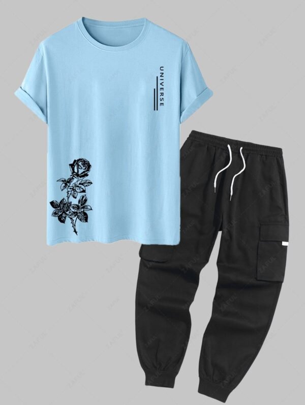 new Men's Letter Floral Rose Graphic Printed Short Sleeves T-shirt and Streetwear Casual Techwear Jogger Cargo Pants Set - LIGHT BLUE ONE SIZE