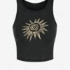 fashion Women's Sun Graphic Printed Ribbed Crew Neck Sporty Slim Crop Baby Tank Top - BLACK M