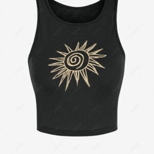 fashion Women's Sun Graphic Printed Ribbed Crew Neck Sporty Slim Crop Baby Tank Top - BLACK M