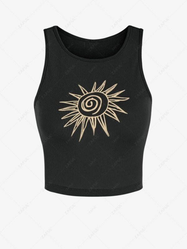 fashion Women's Sun Graphic Printed Ribbed Crew Neck Sporty Slim Crop Baby Tank Top - BLACK M