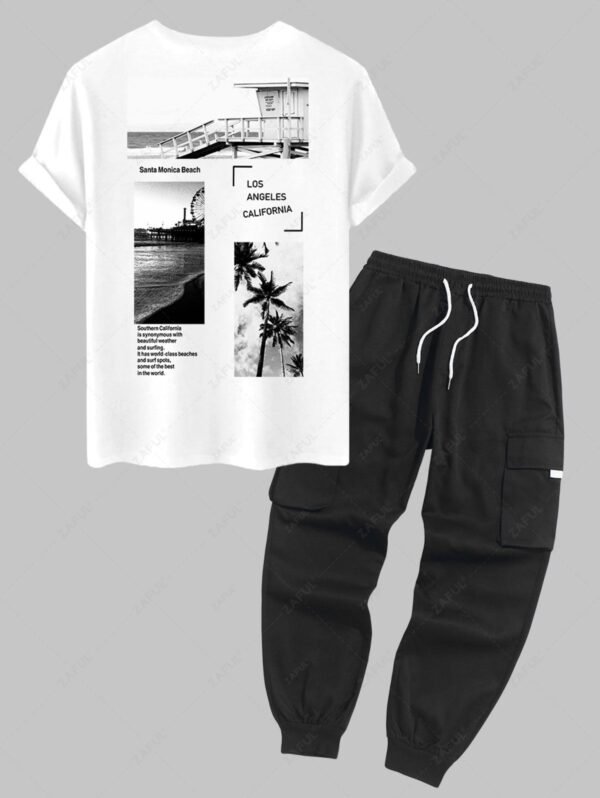 outfit Men's LOS ANGELES CALIFORNIA Letter Pictures Graphic Printed Short Sleeves T-shirt and Streetwear Casual Techwear Jogger Cargo Pants Set - WHITE ONE SIZE