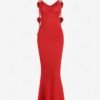 chic Women's Sexy Elegant 3D Floral Rosettes Decor Ruched Open Back Evening Gown Spaghetti Strap Cami Mermaid Maxi Dress - RED ONE SIZE