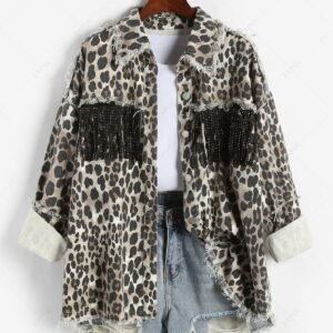 ladies Women's Rhinestone Tassels Frayed Leopard Print High Low Denim Jacket - LIGHT COFFEE XL