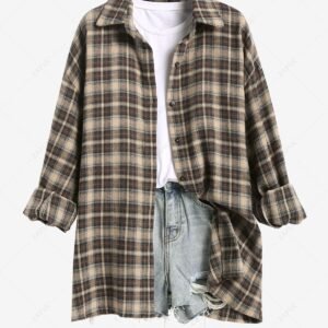 womens Women's Casual Vintage Plaid Pattern Button Up Long Sleeves Shacket - LIGHT COFFEE M