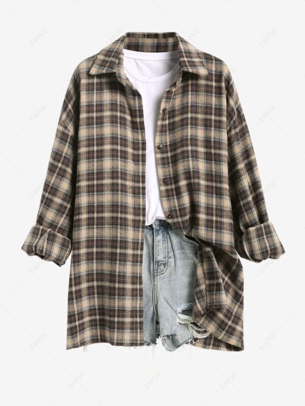 womens Women's Casual Vintage Plaid Pattern Button Up Long Sleeves Shacket - LIGHT COFFEE M