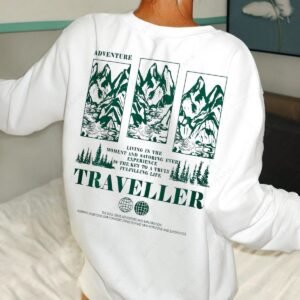 shops Women's Mountain TRAVELLER Letter Graphic Printed Crew Neck Pullover Sweatshirt - WHITE L