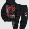 sale Men's Japanese Letter Plum Blossoms Pattern Kangaroo Pocket Pullover Hoodie And Rose Print Slogan Drawstring Thermal Fleece Lined Jogger Pants Set - BLACK ONE SIZE