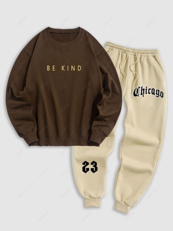 shop Men's Letter Printed Crew Neck Pullover Sweatshirt And Fleece-lined Ribbed Beam Feet Drawstring Jogger Pants Set - COFFEE ONE SIZE