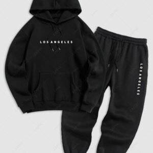 best Men's Casual Minimalist Style Letter Pattern Fuzzy Fleece-lined Kangaroo Pocket Design Pullover Hoodie And Drawstring Jogger Sweatpants Set - BLACK XXL