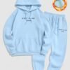 ladies Men's Minimalist Style Letter Pattern Fuzzy Fleece-lined Kangaroo Pocket Design Pullover Hoodie And Drawstring Jogger Sweatpants Set - LIGHT BLUE S