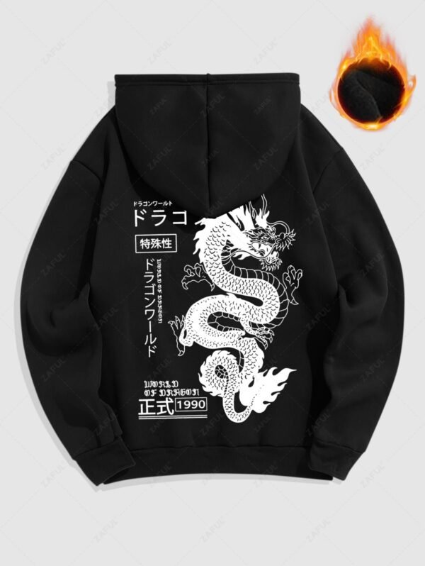 buy Men's Chinese Characters Dragon Japanese Letter Number Graphic Pattern Fuzzy Fleece-lined Kangaroo Pocket Design Pullover Hoodie - BLACK M