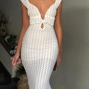 outfit Women's Sexy Elegant Lace Overlay Tied Backless Ruffles Plunging Neck Sleeveless Mermaid Maxi Dress - WHITE S