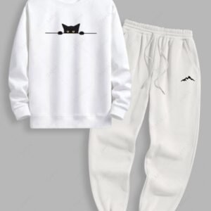 women's Men's Black Cat Graphic Printed Crew Neck Pullover Sweatshirt And Mountain Pattern Fuzzy Fleece-lined Drawstring Jogger Sweatpants Set - WHITE ONE SIZE