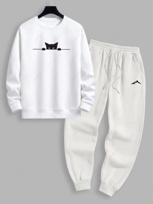 women's Men's Black Cat Graphic Printed Crew Neck Pullover Sweatshirt And Mountain Pattern Fuzzy Fleece-lined Drawstring Jogger Sweatpants Set - WHITE ONE SIZE