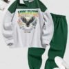 ladies Men's Colorblock Letter Eagle Pattern Half Zip Stand Collar Fleece-lined Pullover Sweatshirt And Drawstring Sweatpants Set - DEEP GREEN ONE SIZE