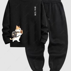 shops Men's Japanese Cat Graphic Printed Crew Neck Pullover Sweatshirt And Thermal Fleece-lined Sweatpants Set - BLACK ONE SIZE