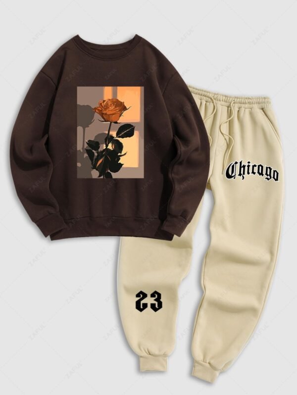 hot Men's Floral Rose Graphic Printed Fuzzy Fleece-lined Crew Neck Pullover Sweatshirt And Letter Print Ribbed Beam Feet Drawstring Jogger Pants Set - DEEP COFFEE ONE SIZE