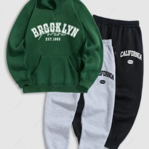 new Men's Letter Printed Fuzzy Fleece-lined Half Zip Stand Collar Kangaroo Pocket Design Pullover Sweatshirt And 2Pcs Drawstring Jogger Sweatpants Set - GREEN ONE SIZE