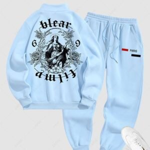 shop Men's Floral Letter Figure Pattern Fleece-lined Half Zip Stand Collar Kangaroo Pocket Design Pullover Sweatshirt And Drawstring Jogger Sweatpants Set - LIGHT BLUE ONE SIZE