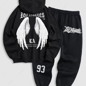 shops Men's Letter Slogan Wings Pattern Kangaroo Pocket Pullover Hoodie And Drawstring Jogger Sweatpants Set - BLACK ONE SIZE